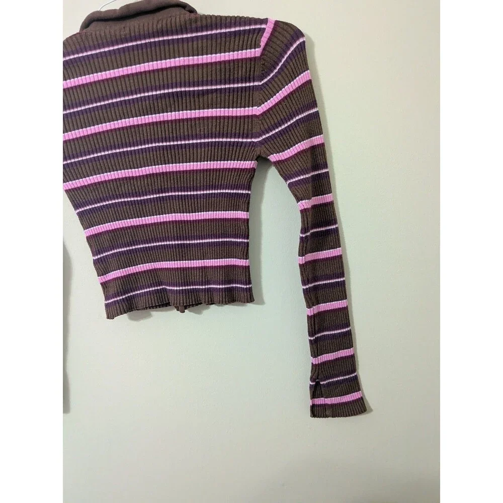 Y2K Brown & Pink Striped Ribbed Knit Polo Cardigan Crop Top